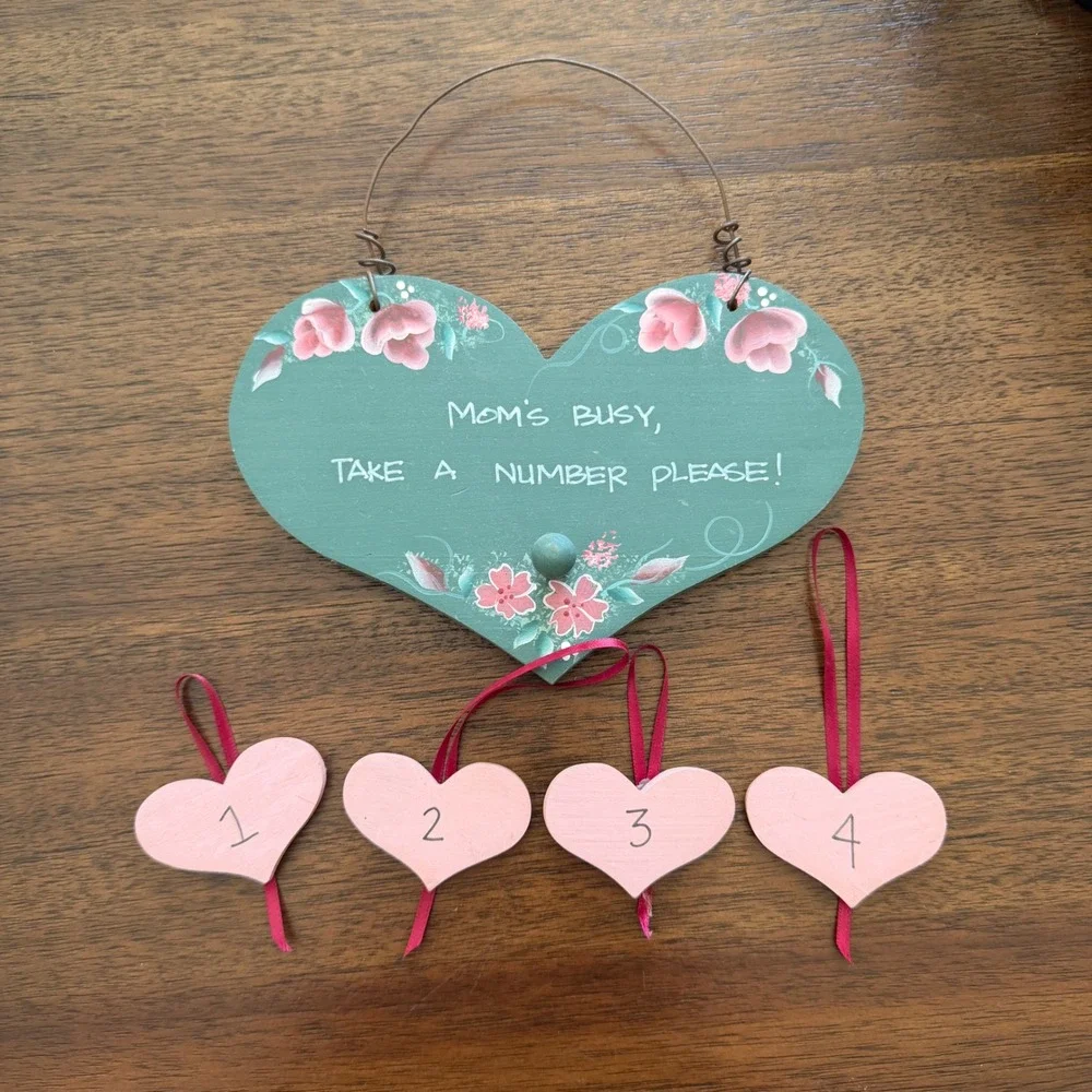 Hand Painted Wood Heart Wall Hanging Moms Busy Take A Number Sign Pink Green